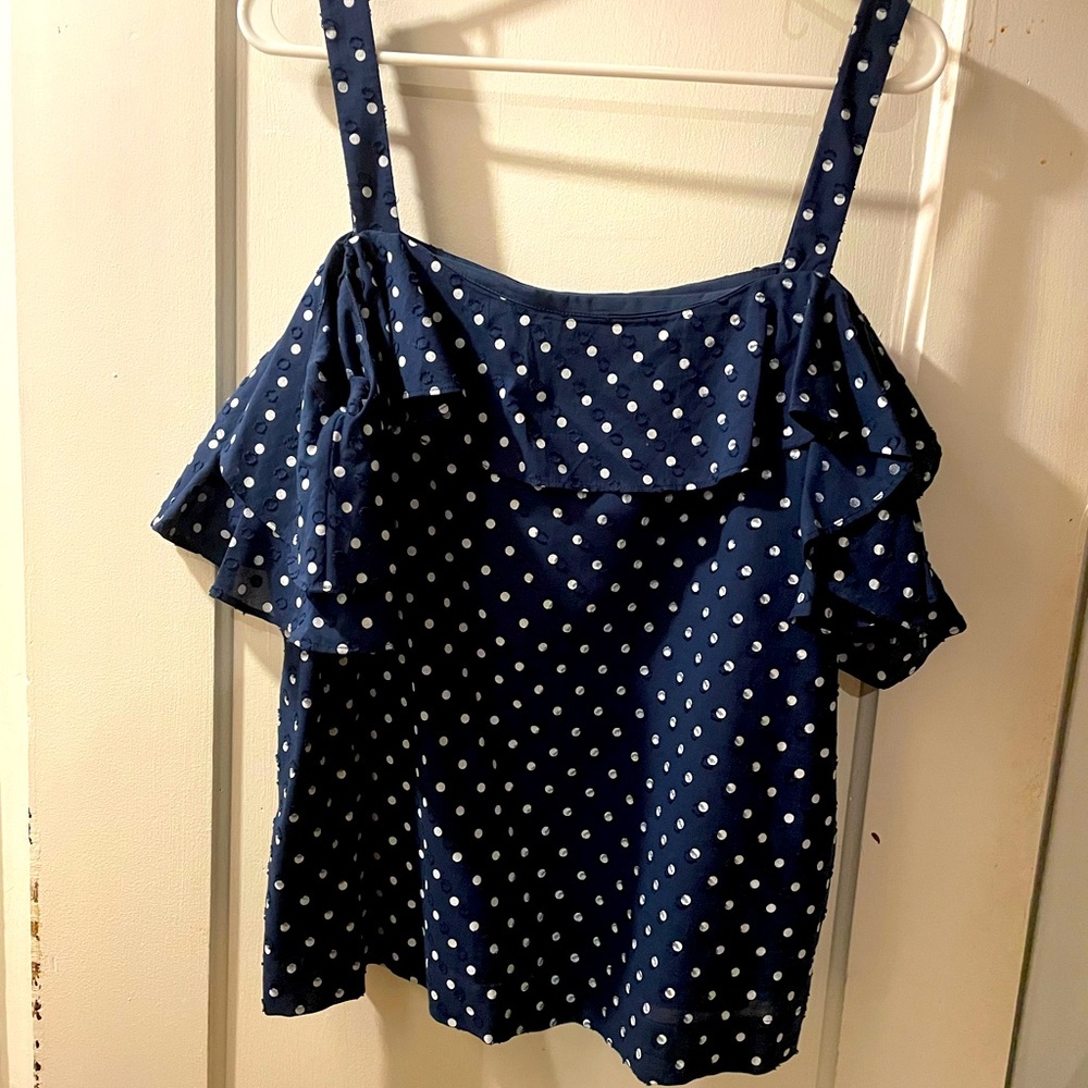J crew cold shoulder blue polka dot top